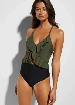 Badeanzug mit Cut-Out und Volants