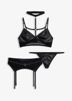 Bralette+String+Strapshalter mit Wetlook (3-tlg.Set)