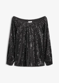 Carmenshirt, Oversized mit Pailletten