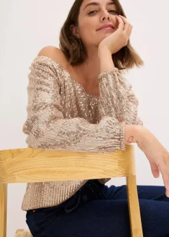Carmenshirt, Oversized mit Pailletten