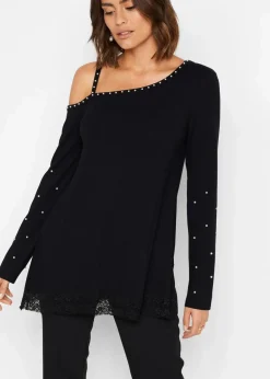 Cold-Shoulder-Shirt mit Spitze und Perlen