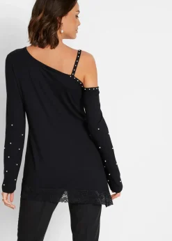 Cold-Shoulder-Shirt mit Spitze und Perlen
