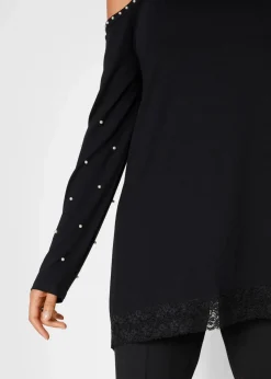 Cold-Shoulder-Shirt mit Spitze und Perlen