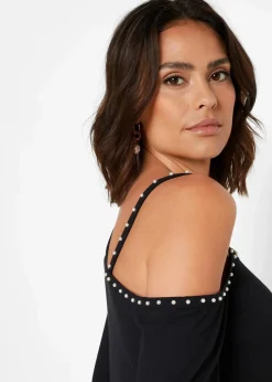 Cold-Shoulder-Shirt mit Spitze und Perlen