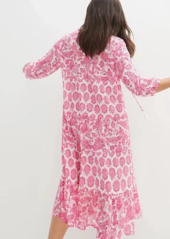 Crincle-Web-Baumwollmidikleid mit Taschen und 3/4- Arm