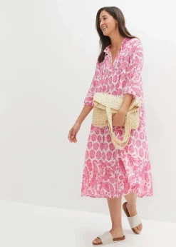 Crincle-Web-Baumwollmidikleid mit Taschen und 3/4- Arm