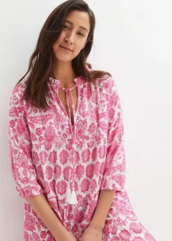 Crincle-Web-Baumwollmidikleid mit Taschen und 3/4- Arm