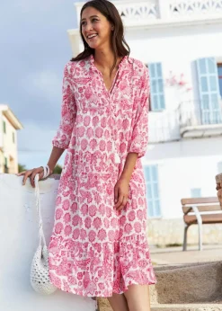 Crincle-Web-Baumwollmidikleid mit Taschen und 3/4- Arm