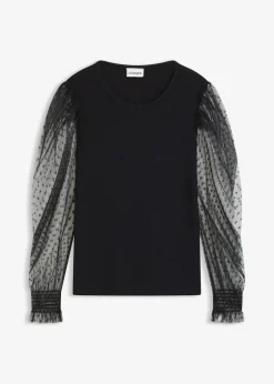 Feinstrickpullover mit Meshärmeln