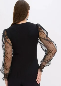 Feinstrickpullover mit Meshärmeln