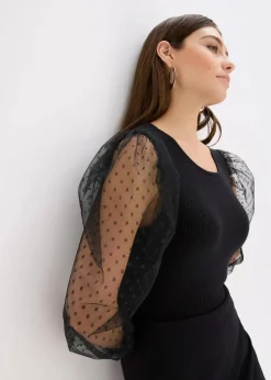 Feinstrickpullover mit Meshärmeln