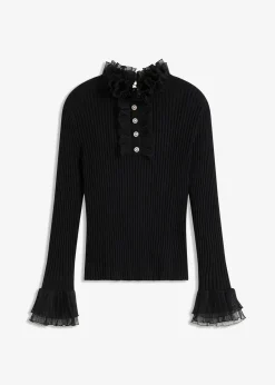 Feinstrick-Shirt mit Chiffon-Volants