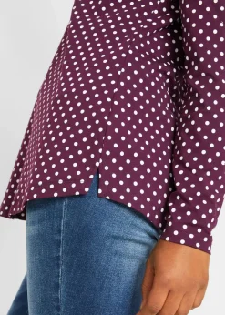 Gepunktetes Baumwoll-Langarmshirt mit Seitenschlitzen