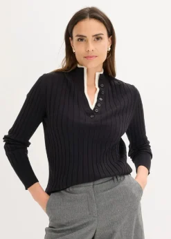 Gerippter Feinstrickpullover mit Viskose in 2 in 1 Optik