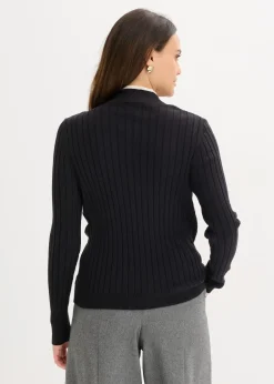 Gerippter Feinstrickpullover mit Viskose in 2 in 1 Optik