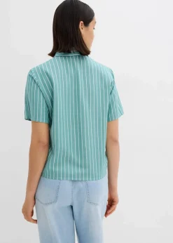 Gestreifte Kurzarmbluse mit Knoten-Detail