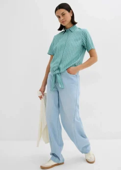 Gestreifte Kurzarmbluse mit Knoten-Detail