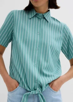 Gestreifte Kurzarmbluse mit Knoten-Detail