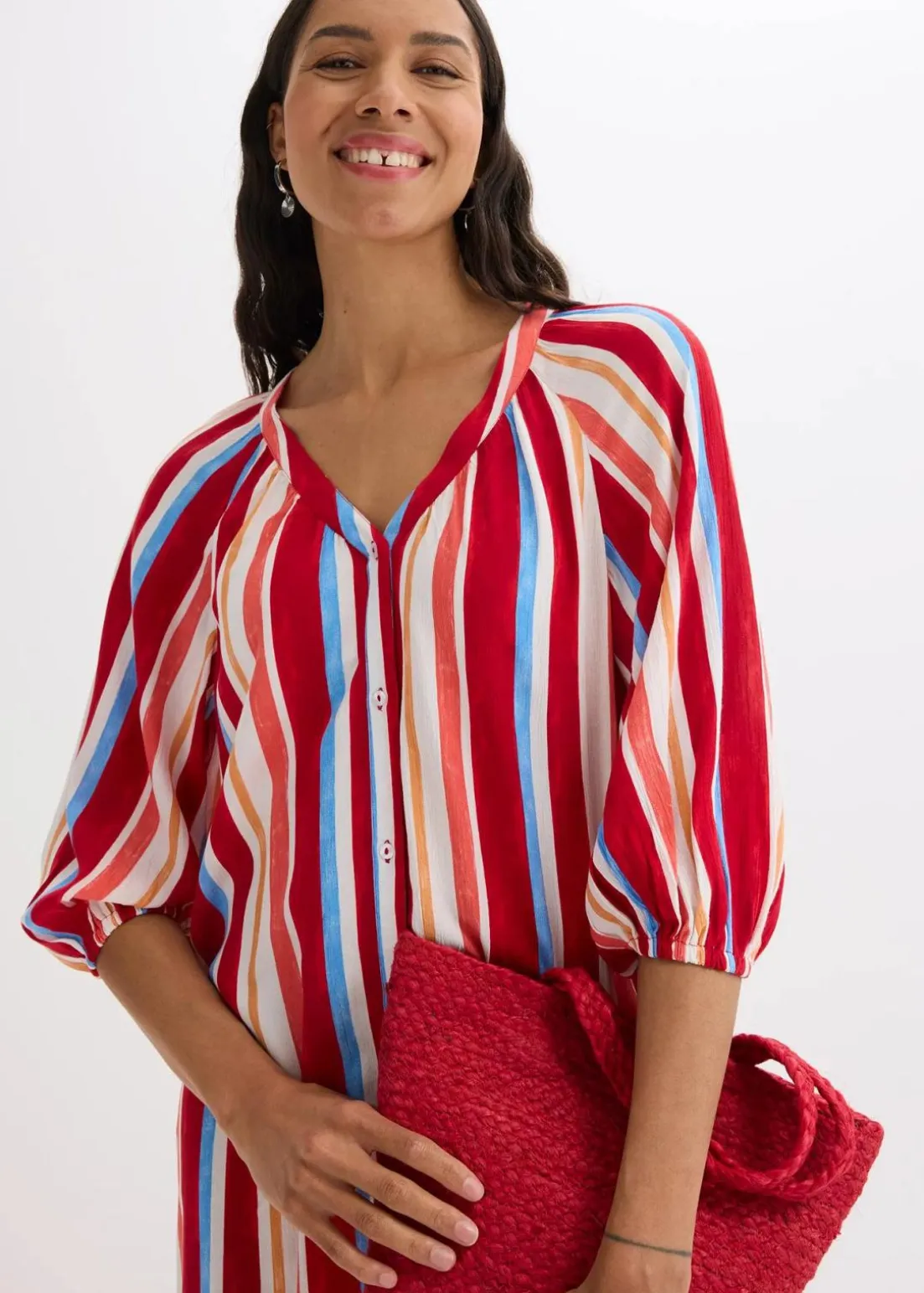 gestreiftes Kaftan-Kleid aus strukturierter Viskose