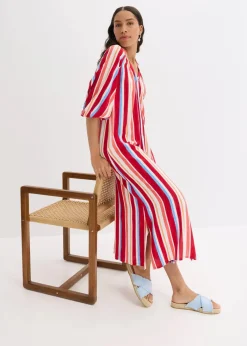 gestreiftes Kaftan-Kleid aus strukturierter Viskose