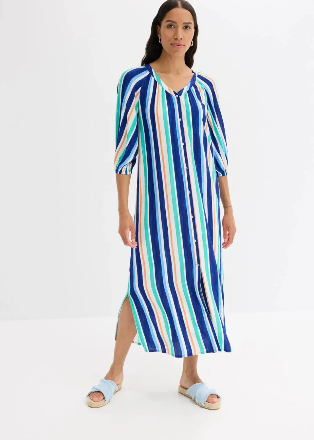 gestreiftes Kaftan-Kleid aus strukturierter Viskose