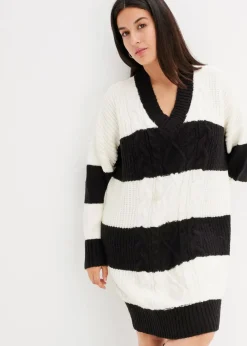 Gestreiftes Strickkleid mit Zopfmuster