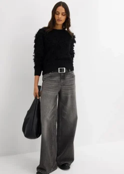 Grobstrick-Pullover mit Fransen