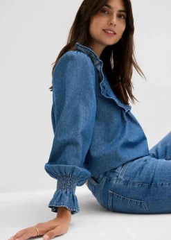 Jeansbluse mit Rüschen