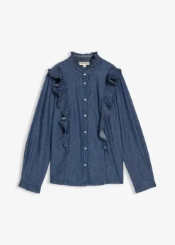 Jeansbluse mit Volants, aus reiner Baumwolle
