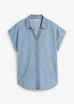 Jeans-Kurzarmbluse mit Leinen