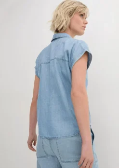 Jeans-Kurzarmbluse mit Leinen