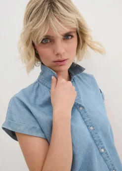 Jeans-Kurzarmbluse mit Leinen