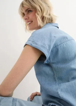 Jeans-Kurzarmbluse mit Leinen