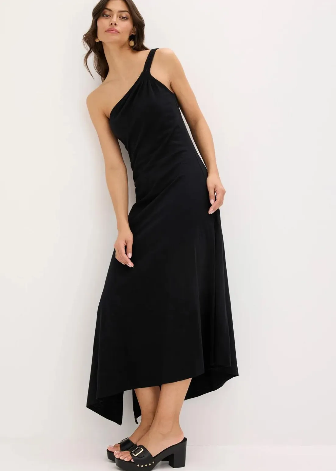 Jerseykleid mit asymmetrischem Saum und Knotendetail auf der Schulter aus Baumwolle