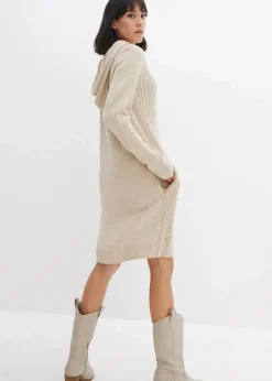 Kapuzen-Strickkleid mit Zopfmuster