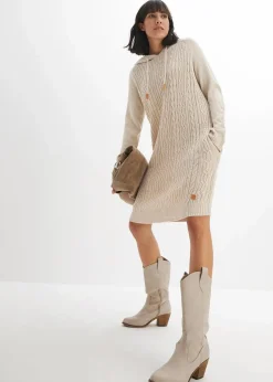 Kapuzen-Strickkleid mit Zopfmuster