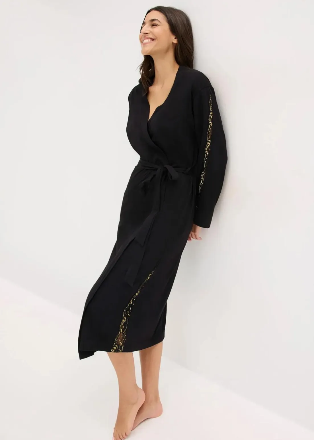 Kimono Morgenmantel mit zarter Glitzerspitze