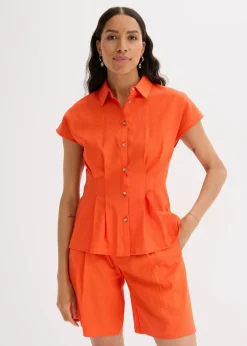 Kurzarmbluse aus luftigem Leinen-Mix