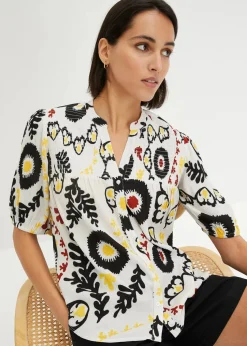 Kurzarmbluse mit Smockdetail aus strukturierter Viskose