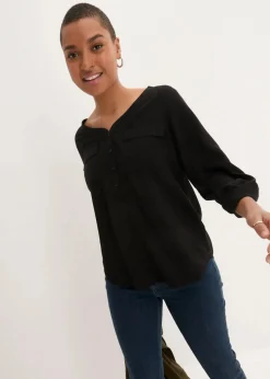 Langarm Bluse mit V-Ausschnitt aus fließender Viskose