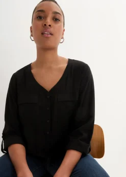 Langarm Bluse mit V-Ausschnitt aus fließender Viskose