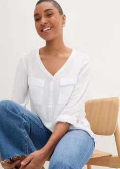 Langarm Bluse mit V-Ausschnitt aus fließender Viskose