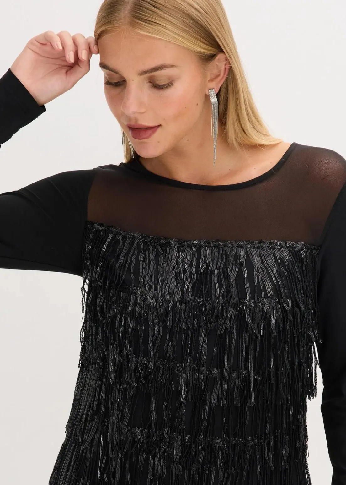 Langarmshirt mit Pailletten-Fransen