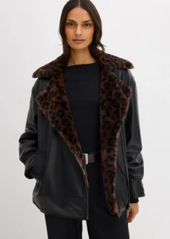 Lederimitat-Jacke mit Leoparden Kunstfell