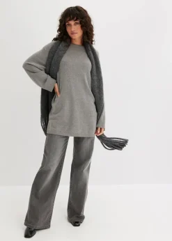 Long-Feinstrickpullover mit Seitenschlitzen aus Viskose-Mix