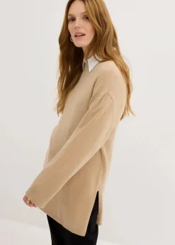 Long-Feinstrickpullover mit Seitenschlitzen aus Viskose-Mix