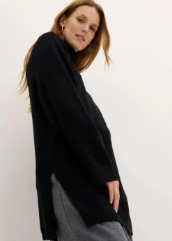 Long-Feinstrickpullover mit Seitenschlitzen aus Viskose-Mix