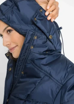 Long-Steppjacke, wattiert mit Kragen und Kapuze