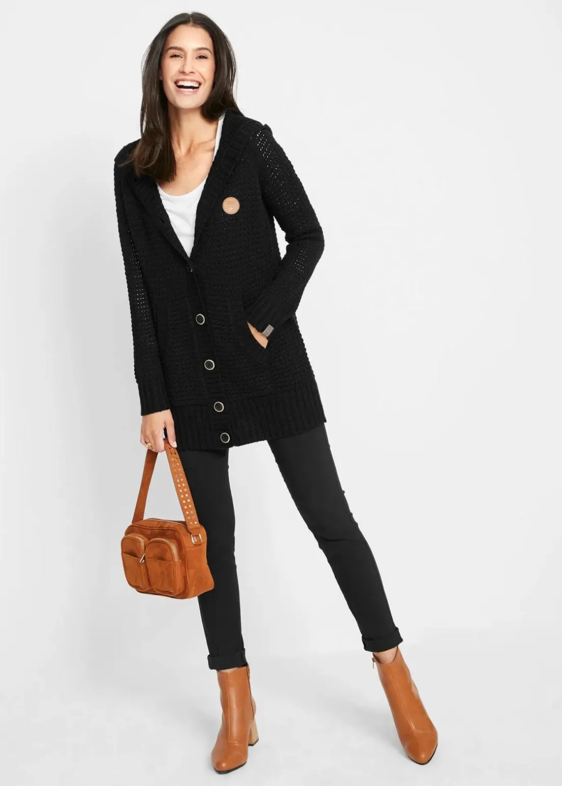 Longstrickjacke mit Kapuze