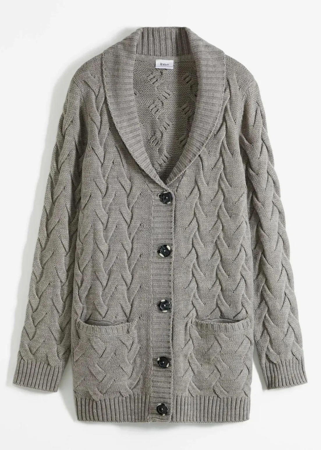 Longstrickjacke mit Schalkragen und Zopfmuster